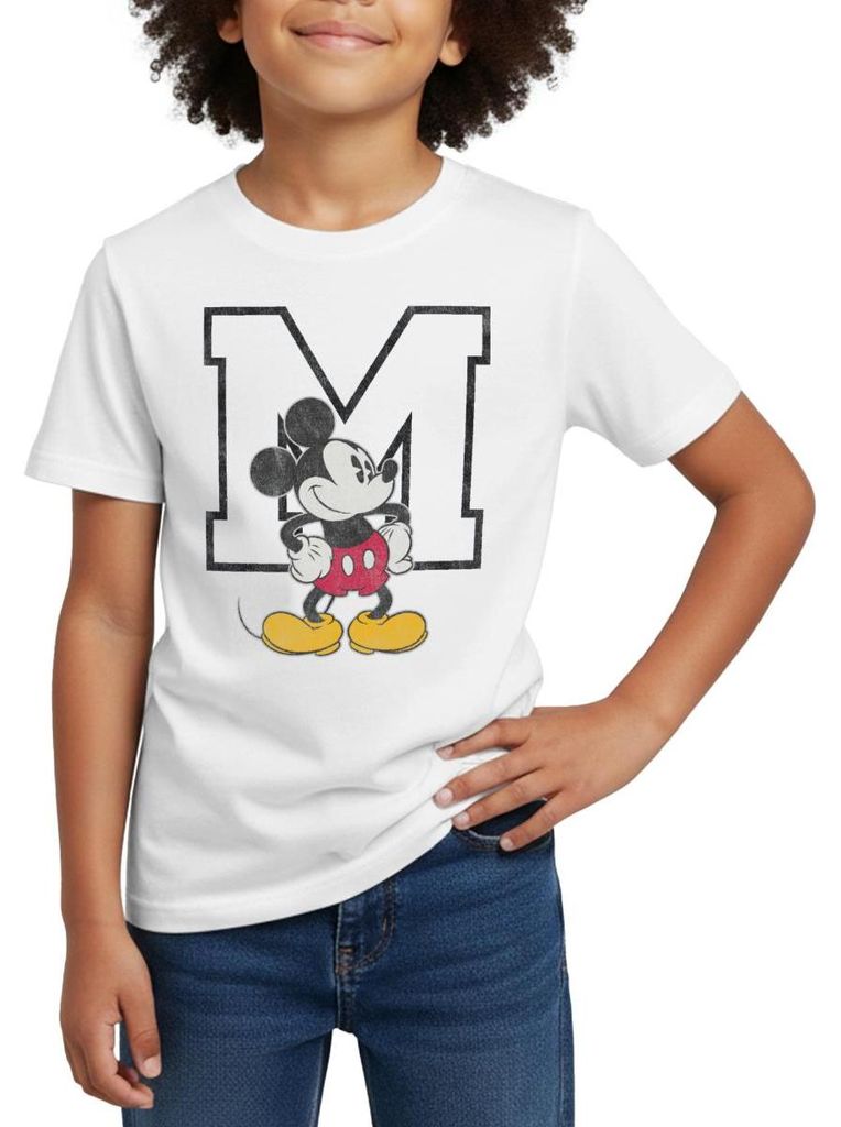 Mickey & Minnie Klassisch Mit M Kinder T-Shirt, 98/104 (3-4 Jahre), Weiß