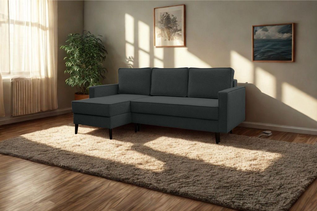 Kaiser Möbel Ecksofa mit schlaffunktion und bettkasten, Ecksofa L-Form, Eckcouch L-Form KEBI stoff Curio Graphit Links