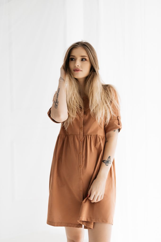 DOLCE SONNO Stillnachthemd – Umstandsnachthemd mit 3/4-Ärmeln für Schwangere und Stillende - 100% Baumwolle - PARIS CARAMEL S