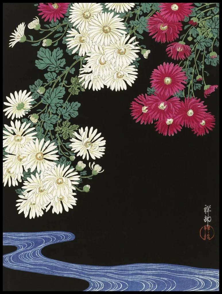 Poster Japonais Vintage Chrysanthèmes Koson 75x100 cm Décoration Murale