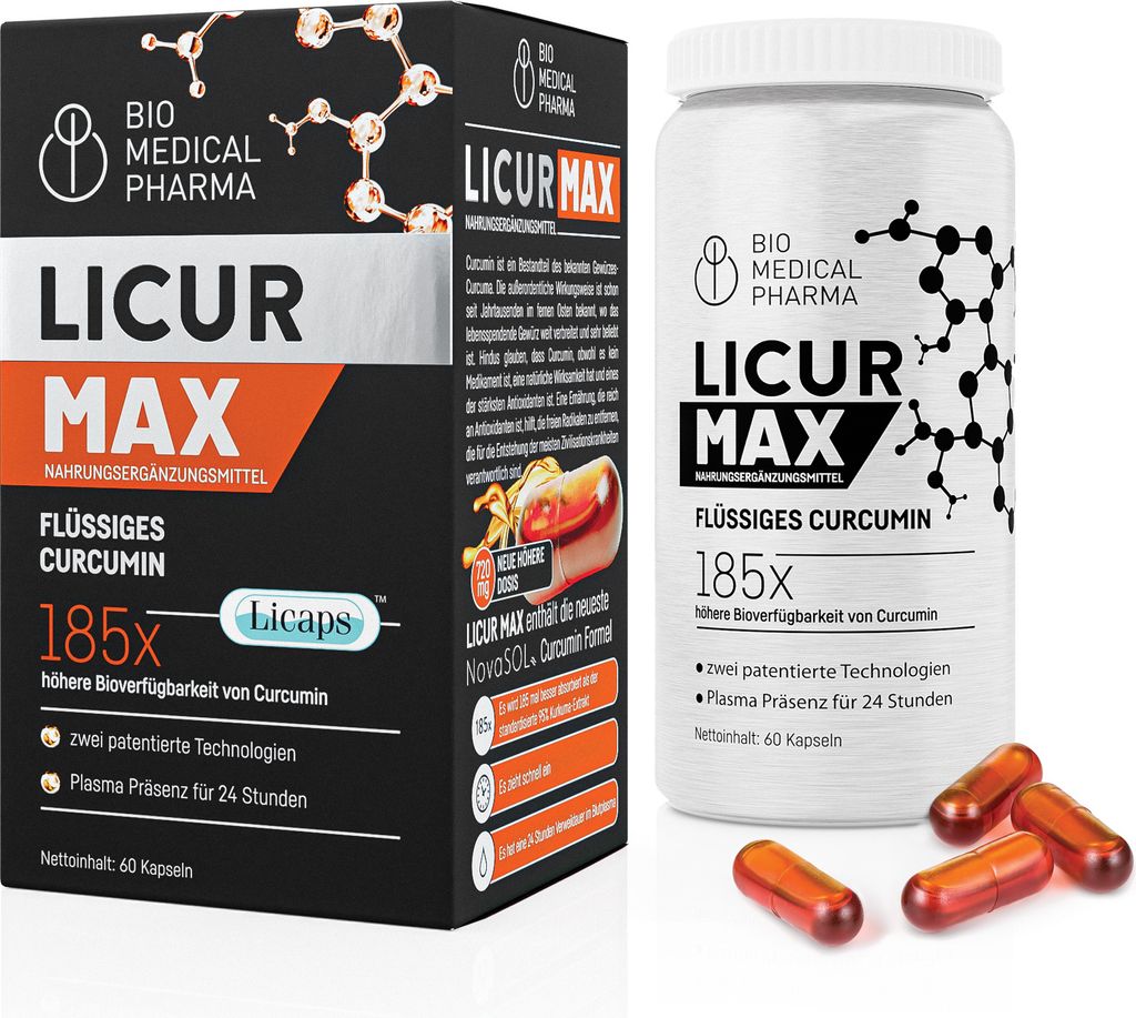Kurkuma Kapseln hochdosiert – 185x höhere Bioverfügbarkeit – flüssiges Mizellen Curcumin – 1 vegan Kapsel täglich - Licur Max 60 (2 Monatspack)