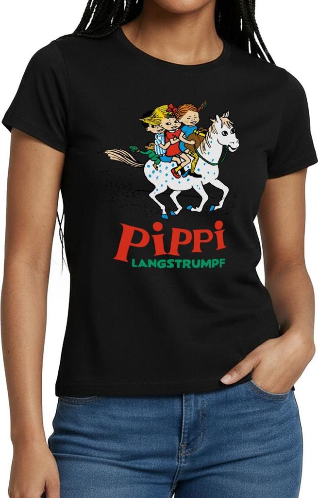 Spreadshirt Pippi Langstrumpf Ausritt Mit Annika Und Tommy Frauen T-Shirt, S, Schwarz
