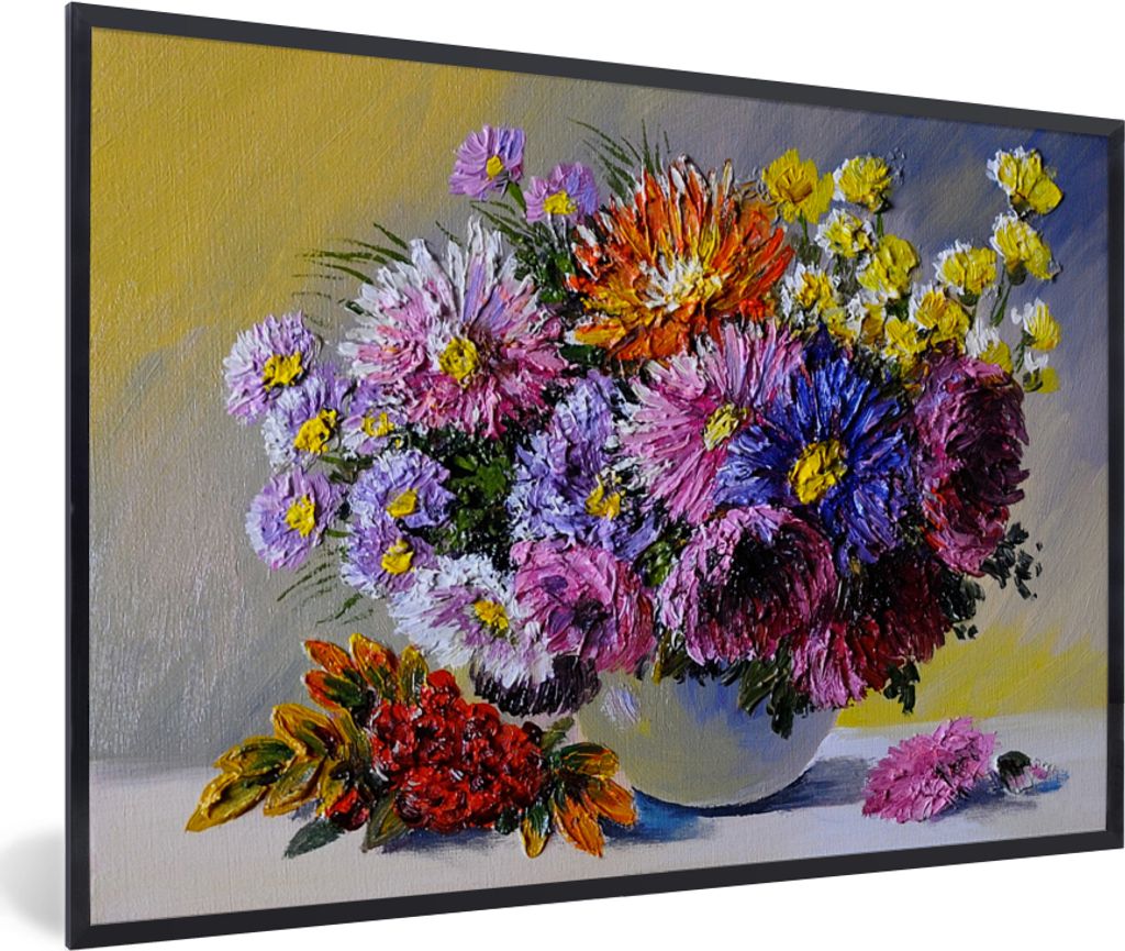 MuchoWow Gerahmtes Poster Ölfarbe - Blumen - Stillleben 60x40 cm - Poster mit Schwarzem Bilderrahmen Wandposter Rahmen Foto Bilder - Printing - ...