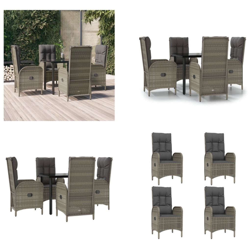 vidaXL 5 tlg. Garten Essgruppe mit Kissen Schwarz und Grau Poly Rattan - Garten Essgruppe - Garten Essgruppen - Essgruppe - Essgruppe Terrasse