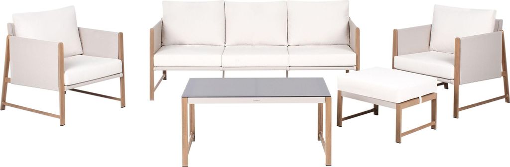 BELIANI Gartensofa-Set für 5 Personen mit hellbeige Metallgestell in Holzoptik, Glas-Tischplatte, 3-Sitzer-Sofa, Ottomane und Sesseln mit Kissen i...