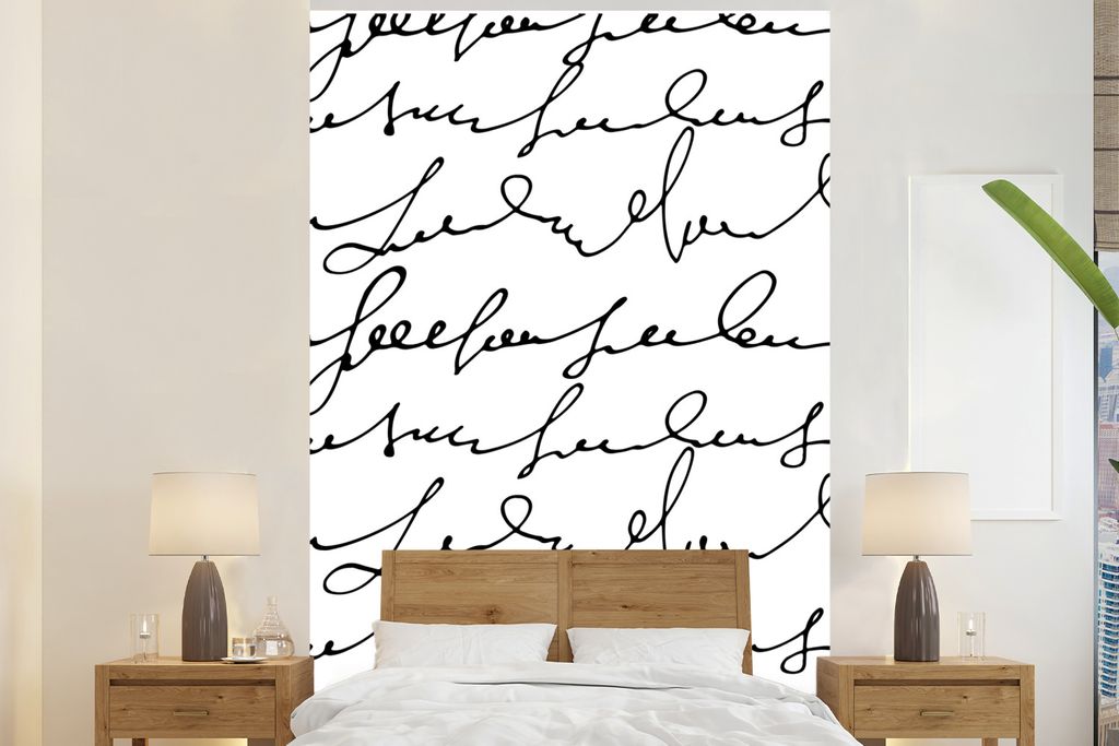 MuchoWow Fototapete für Wohnzimmer oder Schlafzimmer Wandtapete Vinyl Motivtapete Buchstaben - Weiß - Schwarz - Muster - 145x220 cm - Wanddekor...