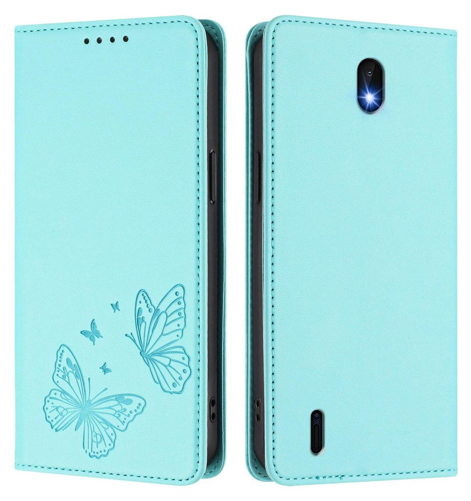 Lederhülle für Nokia C01 Plus/Nokia C1 2nd Edition, Schmetterling Prägung Leder Brieftasche Schutzhülle mit Ständer Türkis