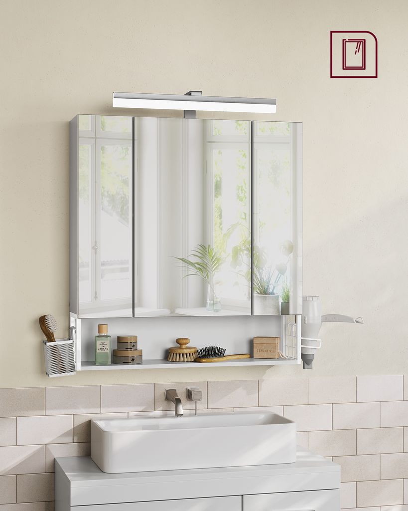 A modern bathroom vanity with a mirrored cabinet, shelf, and sink, illuminated by a light bar.
