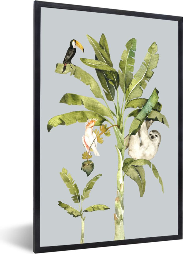 MuchoWow Gerahmtes Poster Dschungel - Faultier - Vogel 60x90 cm - Poster mit Schwarzem Bilderrahmen Wandposter Rahmen Foto Bilder - Kunst