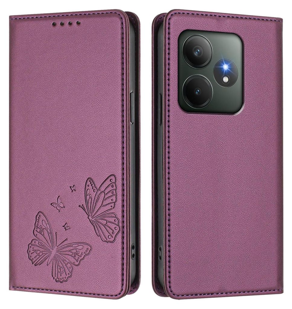 Lederhülle für Realme GT 6/Realme GT 6T, Schmetterling Prägung Leder Brieftasche Schutzhülle mit Ständer Lila
