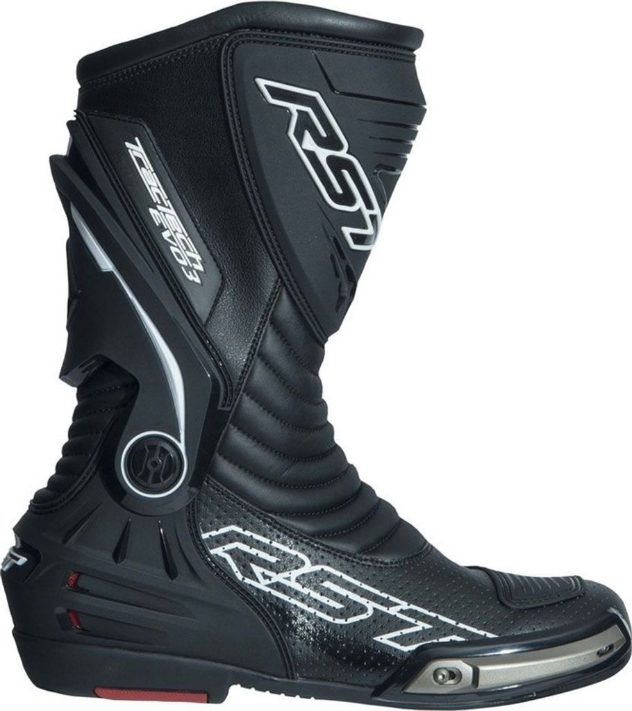 A black motorcycle boot with white branding and silver accents, shown against a white background.
