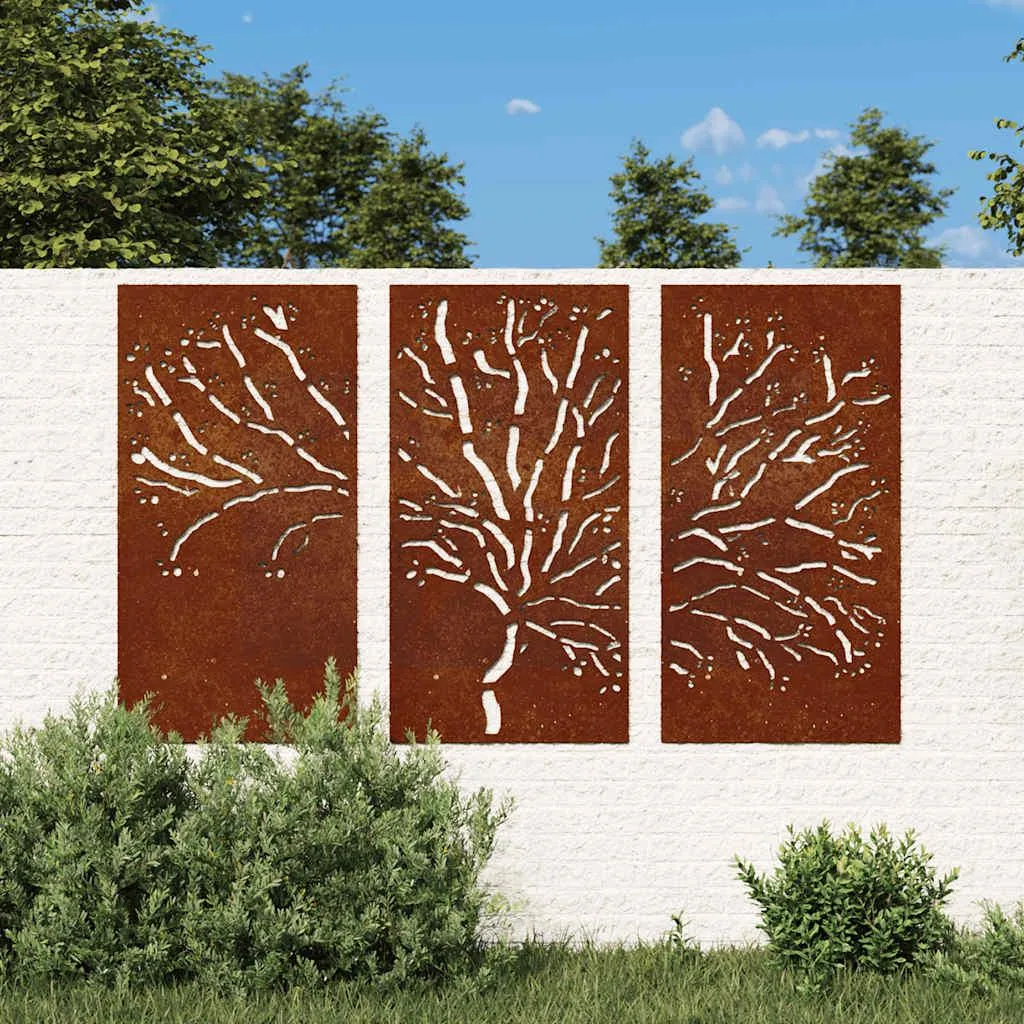 Triptyque Mural Jardin Acier Corten Design Arbre Résistant Intempéries - 2