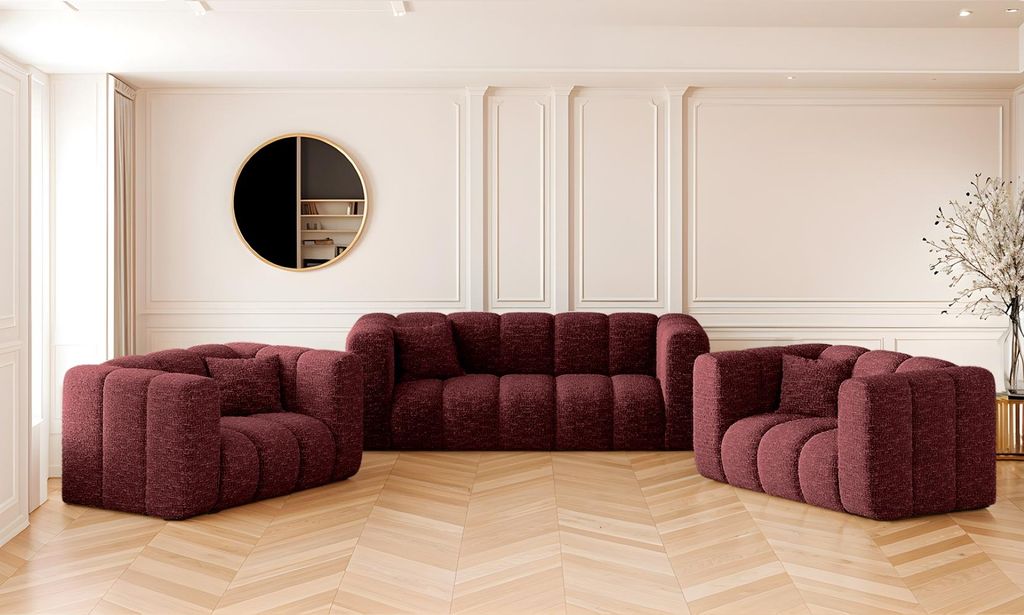 Kaiser Möbel Sofagarnitur 2+1+1 Couchgarnitur serie Grand stilvol, Stoff Haga Rotwein