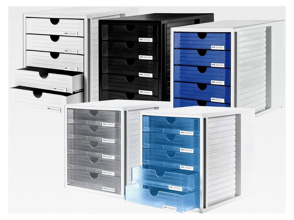 Schubladenbox mit 5 geschlossenen Schubladen für Unterlagen bis DIN C4, für Schreibtisch oder Schrank, inkl. Auszugsperre und Beschriftungsclip, ...