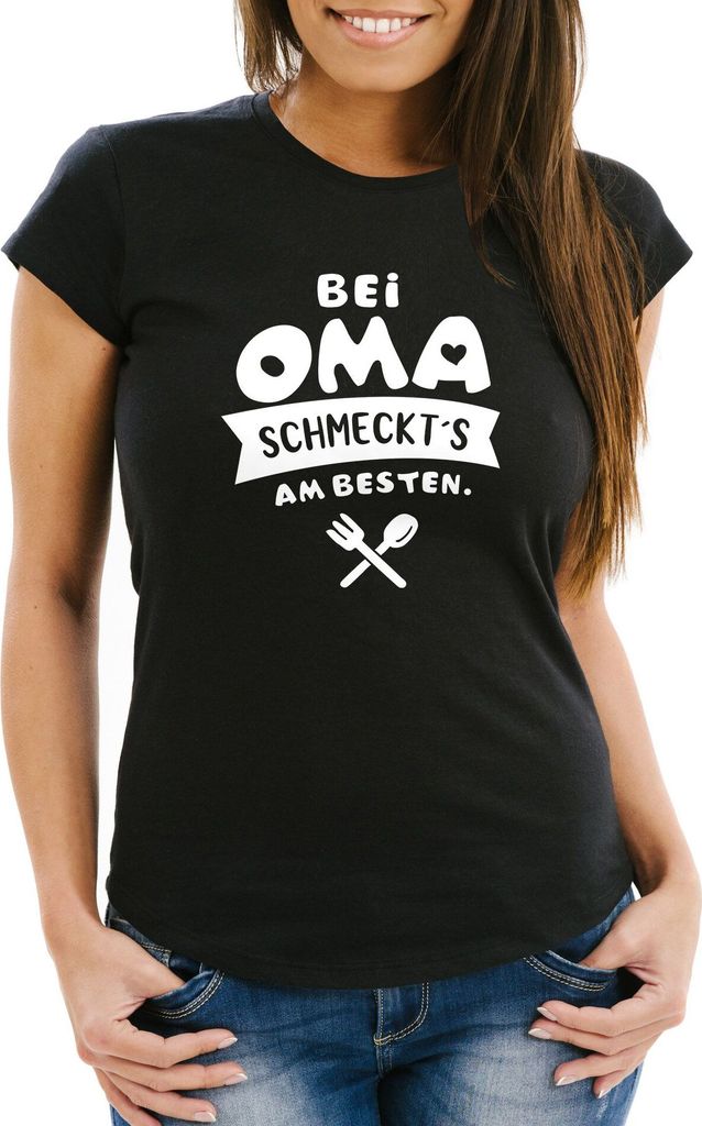 Damen T-Shirt Koch-Spruch Bei Mama schmeckts am besten! Frauen Fun-Shirt lustig Moonworks Oma schwarz S