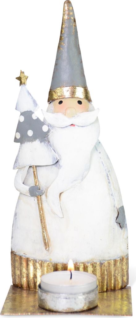 Weihnachtsmann mit Teelichthalter | Metall Grau Weiß Gold | 8,5×20 cm | 18204