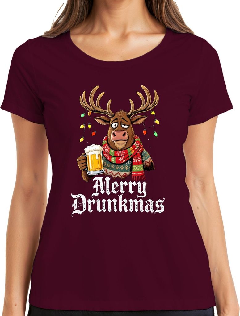 Merry Drunkmas Rentier Bierkrug Weihnachten lustig Geschenk Schal Damen T-Shirt, Burgundy, XXL