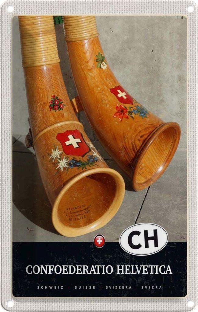 vianmo Blechschild 30x20 cm Confoederatio Helvetica Alphorn Bildmotiv Reisemotiv Abenteuer Reisen Urlaub
