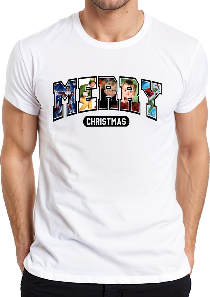 Merry Christmas Weihnachtsfilm Home Alone Elf Grinch Retro Herren T-Shirt, Weiß, M