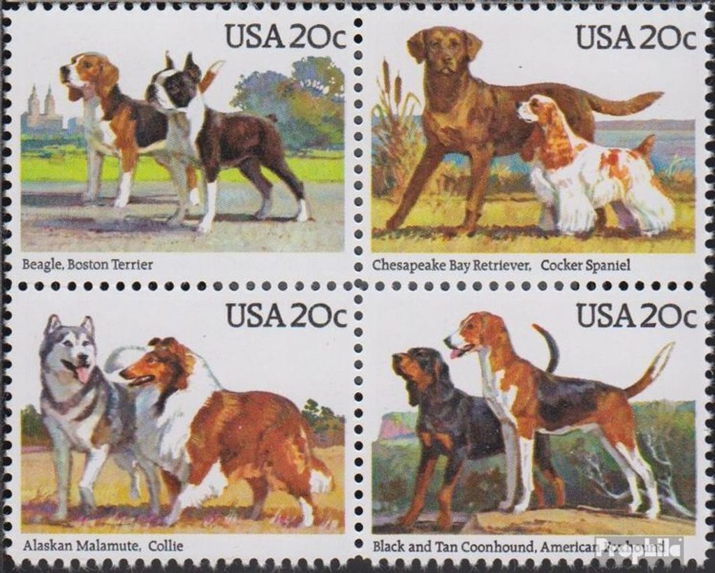 Briefmarken USA 1984 Mi 1708-1711 Viererblock (kompl.Ausg.) postfrisch Hunde