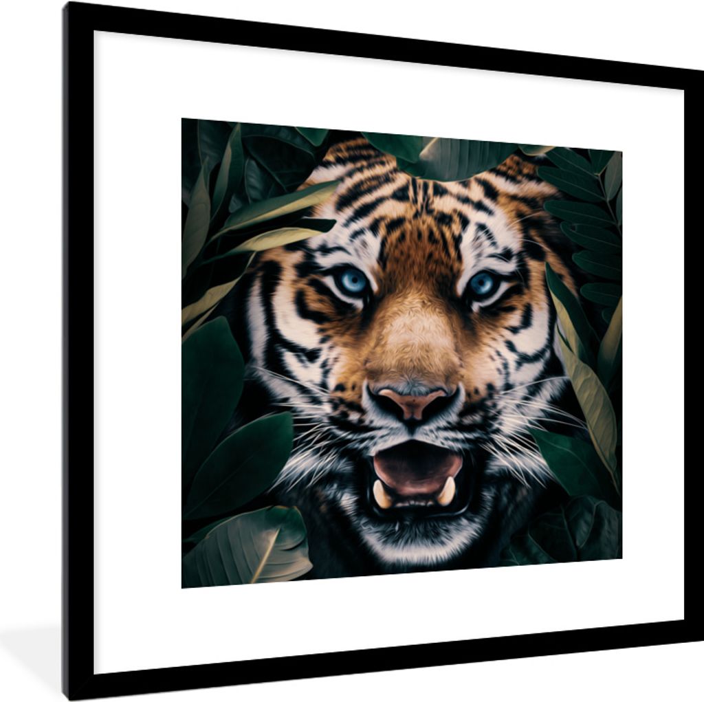 MuchoWow MuchoWow Gerahmtes Poster Tiger - Blatt - Tiere 40x40 cm - Poster mit zchwarzem Bilderrahmen - Poster - Plakat im Rahmen