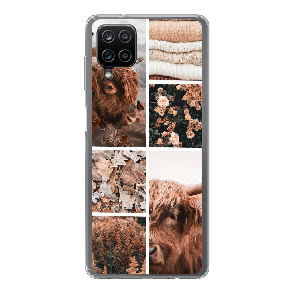 MuchoWow Handyhülle Schutzhülle Hülle für Samsung Galaxy A12 Schottischer Highlander - Collage - Blumen Silikon Softcase Handy Hülle - Bild