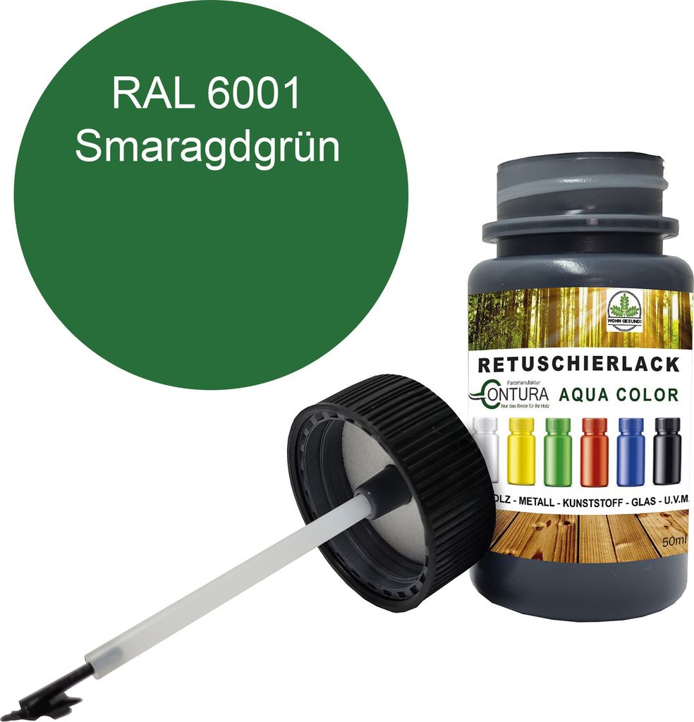 Reparaturlack Lackstift RAL Lack Pinselflasche 50ml. Farbe Holz Metall Möbel Auto Bad Retuschierlack - RAL 6001 Smaragdgrün