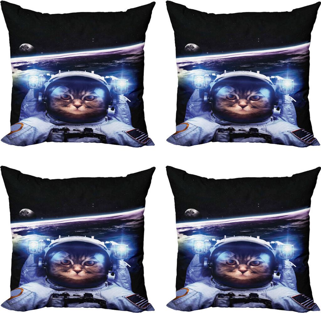 ABAKUHAUS Katze Kissenbezug Set (4 Stück), Lustige Astronaut Katzen-Stimmung, Moderner Doppelseitiger Digitaldruck, 45 cm x 45 cm, Blau Weiss