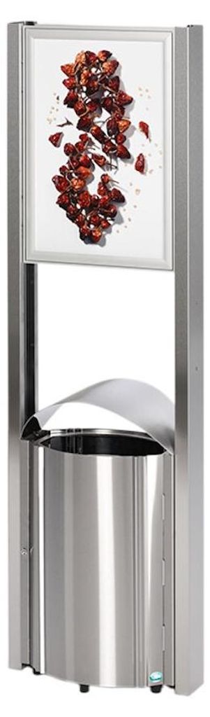 Robuster Standabfallsammler mit Schutzdach & Werbefläche für den Aussenbereich | 50 Liter, HxBxT 180x48x35cm | Edelstahl