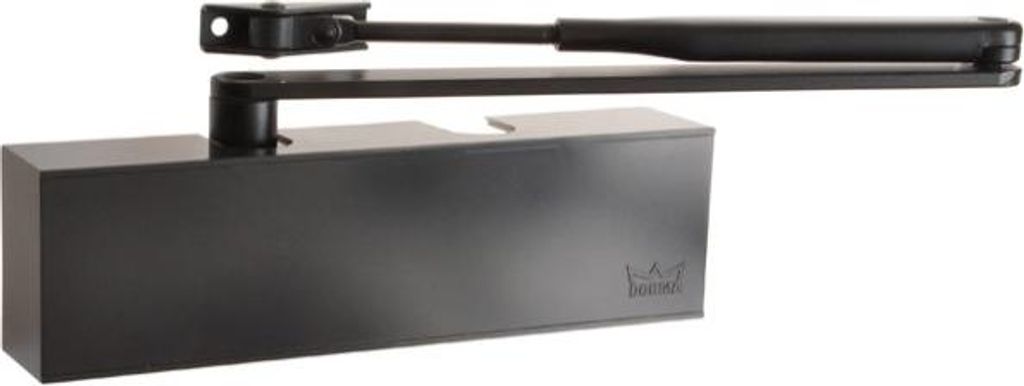 A black door closer mechanism with an arm, shown against a white background.