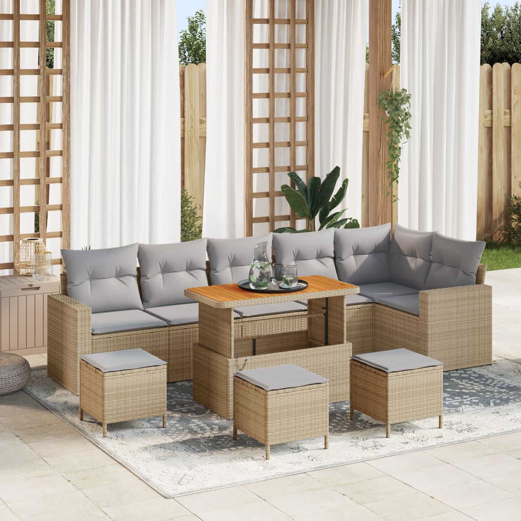Desgin 10-teiliges Garten Sofa Set mit Kissen Beige Poly Rattan Akazie - Gartensofas 3363592