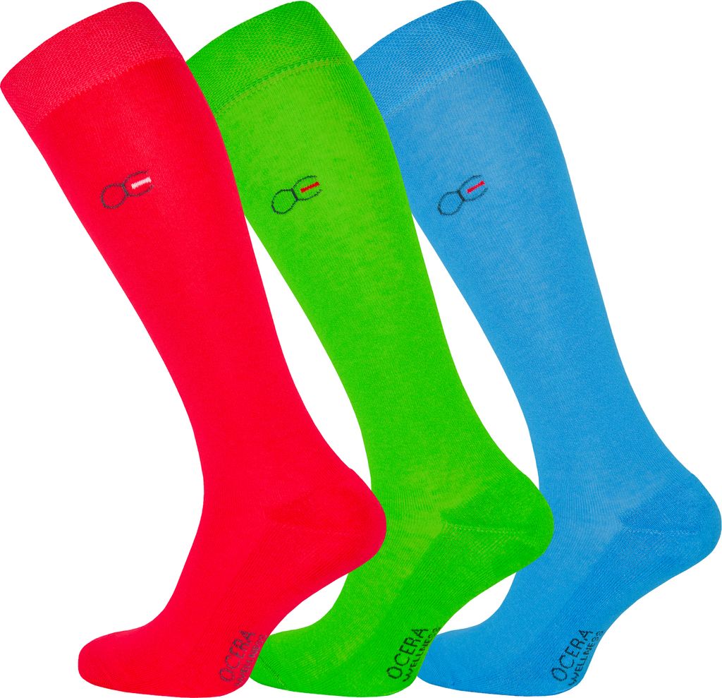 OCERA 3 Paar Wellness Kniestrümpfe Baumwolle NEU mit Frotteesohle + handgekettelter Spitze Uni Damen + Herren in modernen Farben Rot, Grün, Blau ...