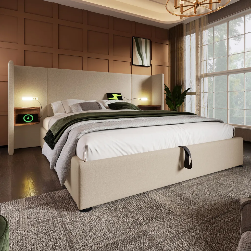 MODFU Lit coffre 180x200 cm - Lit double avec charge USB et Lampe - Beige - 5