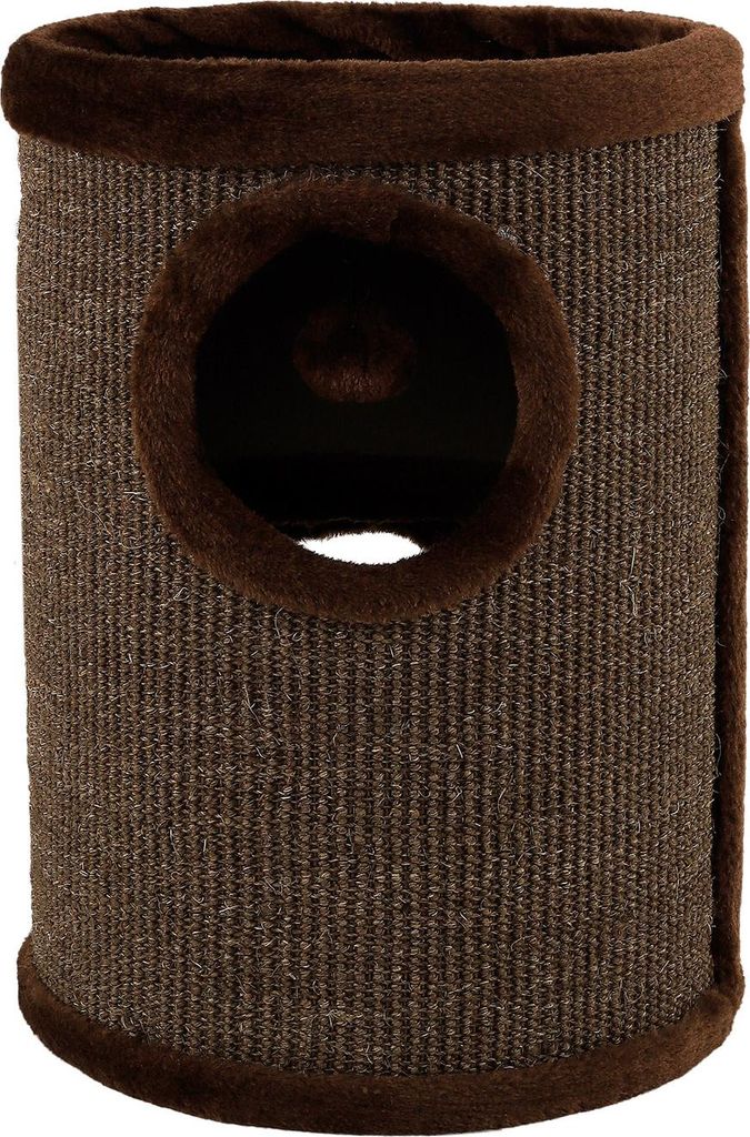 A brown cylindrical cat scratching post with a circular opening and plush trim.