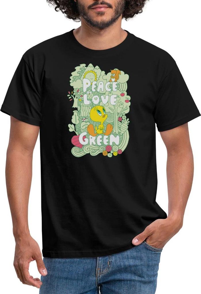 Spreadshirt Looney Tunes Tweety Peace Love Green Design Männer T-Shirt, XL, Schwarz