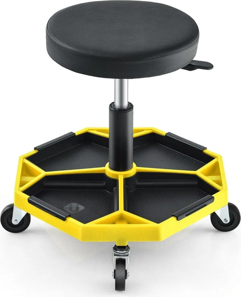 Tabouret de mécanicien pivotant en acier jaune avec porte-outils 150kg