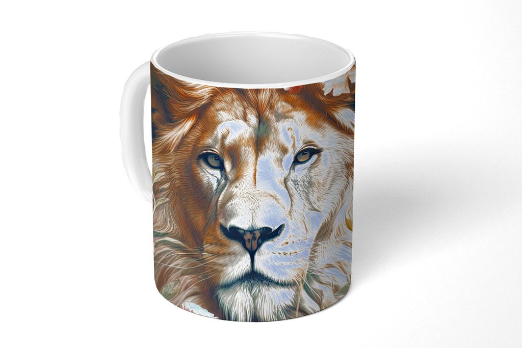 KitchenYeah Tasse Kaffeetasse Kaffeebecher 350 ml Löwe - Löwenkopf - Wilde Tiere - Blumen Teetasse - Fototasse - Becher - Keramikbecher - Teebe...