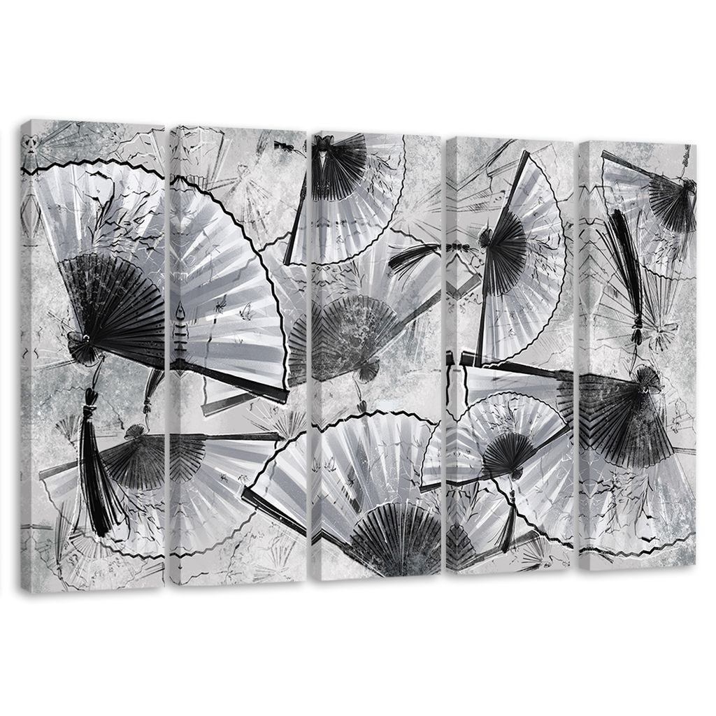 5-teiliges leinwandbild japanische fächer 150x100 cm Feeby grau wandbild bereit zum aufhängen