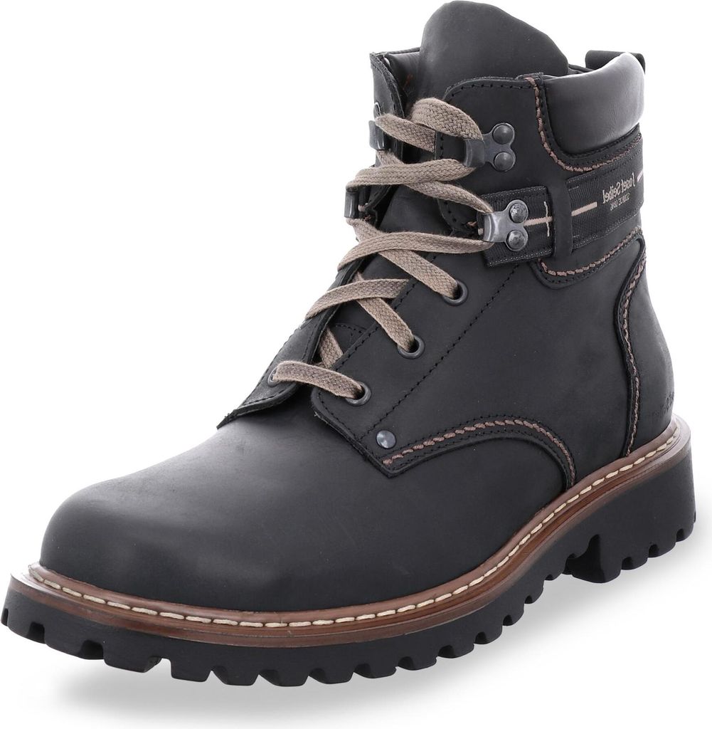 A black leather boot is shown against a white background.