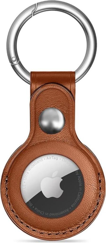 A brown leather keychain holder for an Apple AirTag is shown against a white background.