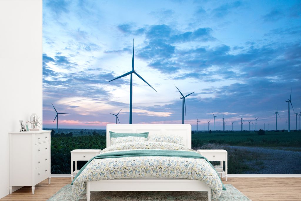 MuchoWow Fototapete für Wohnzimmer oder Schlafzimmer Wandtapete Vinyl Motivtapete Diese Windmühlen erzeugen bei Sonnenuntergang Strom - 390x260...