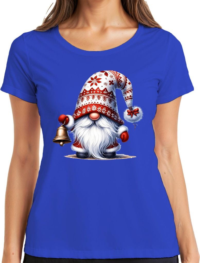 Süßer Weihnachtsgnom mit Glocke und Weihnachtsmütze Wichtel Zwerg Damen T-Shirt, Blau, L