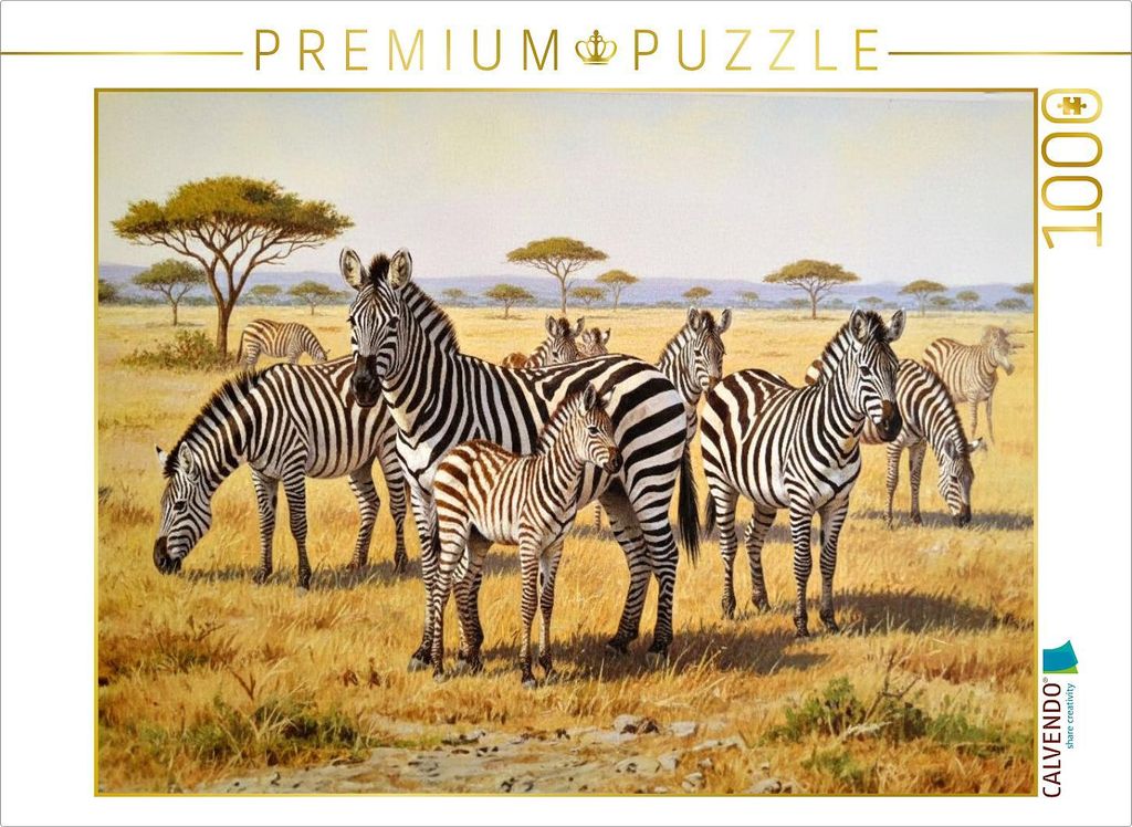 CALVENDO Puzzle Gemälde einer Herde Zebras mit Nachwuchs | 1000 Teile Lege-Größe 64x48cm Foto-Puzzle für glückliche Stunden