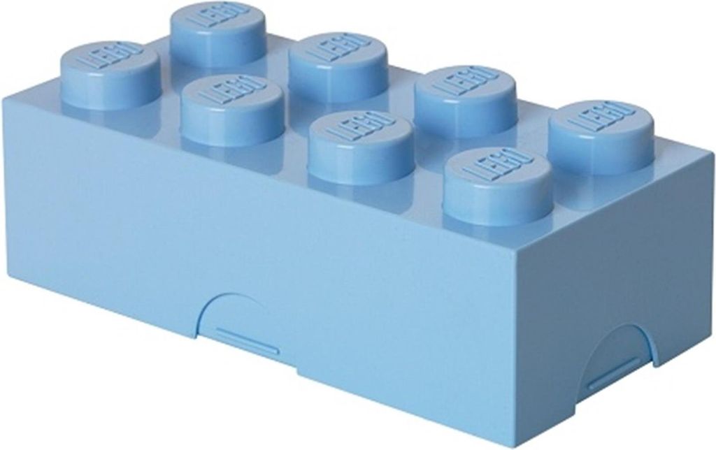 A light blue LEGO brick-shaped storage box.