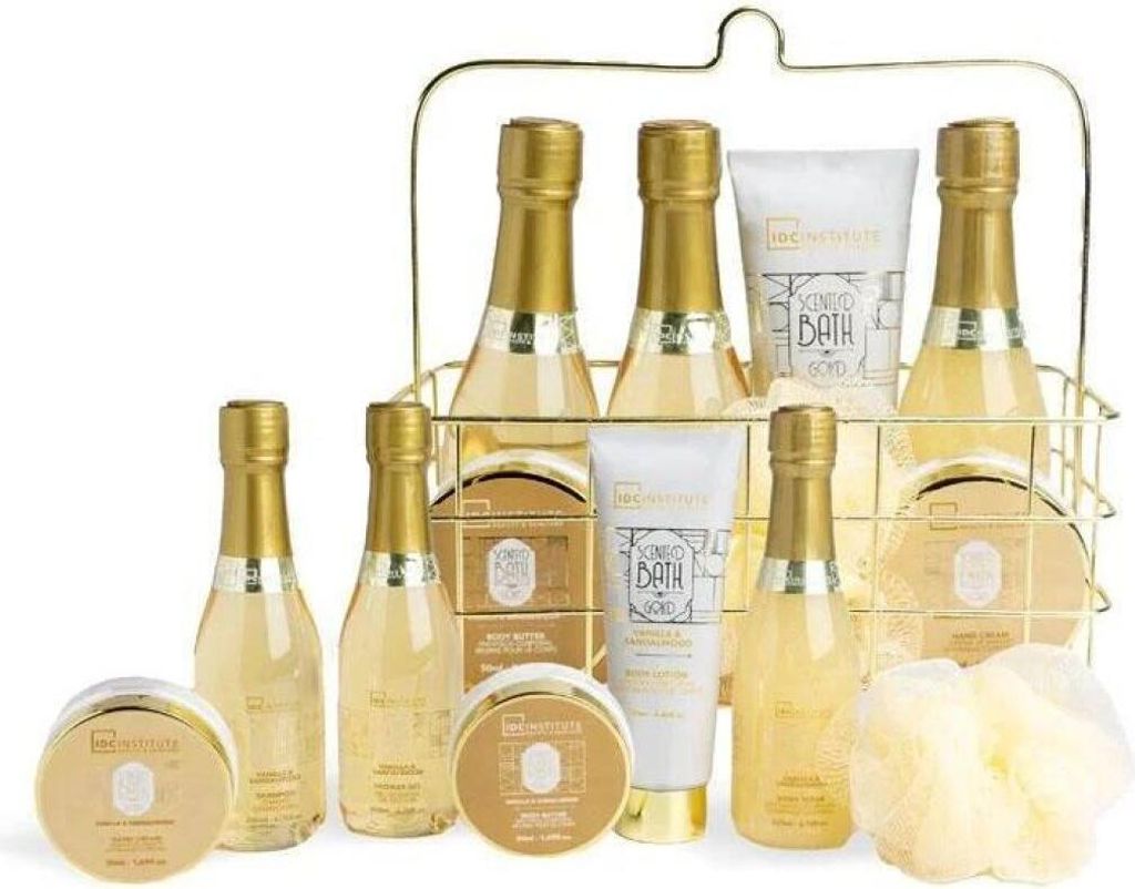 IDC Institute Geschenkset mit Badekosmetik - 7 Teile - Vanille und Sandelholz - Duschgel 200 ml - Körperpeeling 200 ml