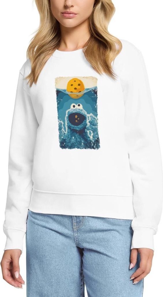 Spreadshirt Sesamstraße Krümelmonster Hai Damen Premium Pullover, M, Weiß