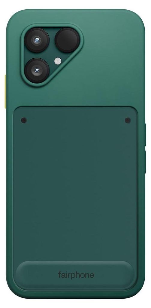 A green phone case with a yellow accent on the side, shown from the back.