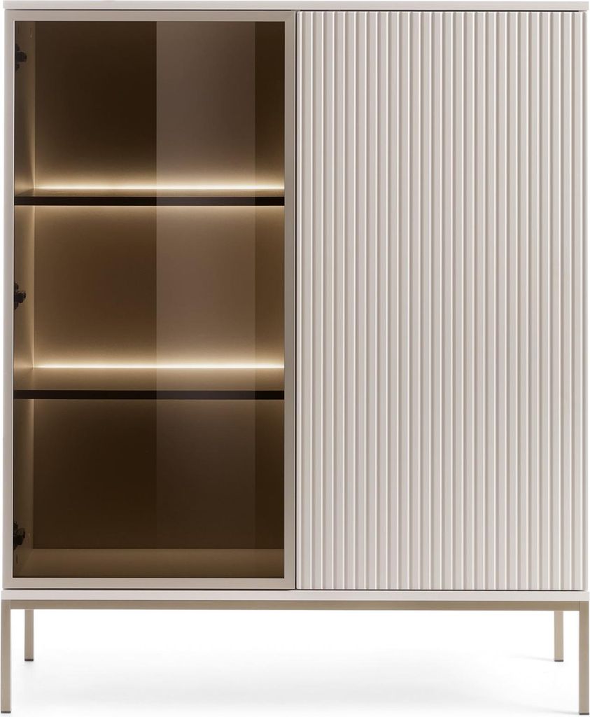Moderne niedrige Vitrine mit geriffelter Front, 104×126×39 cm, Kaschmir / Gold