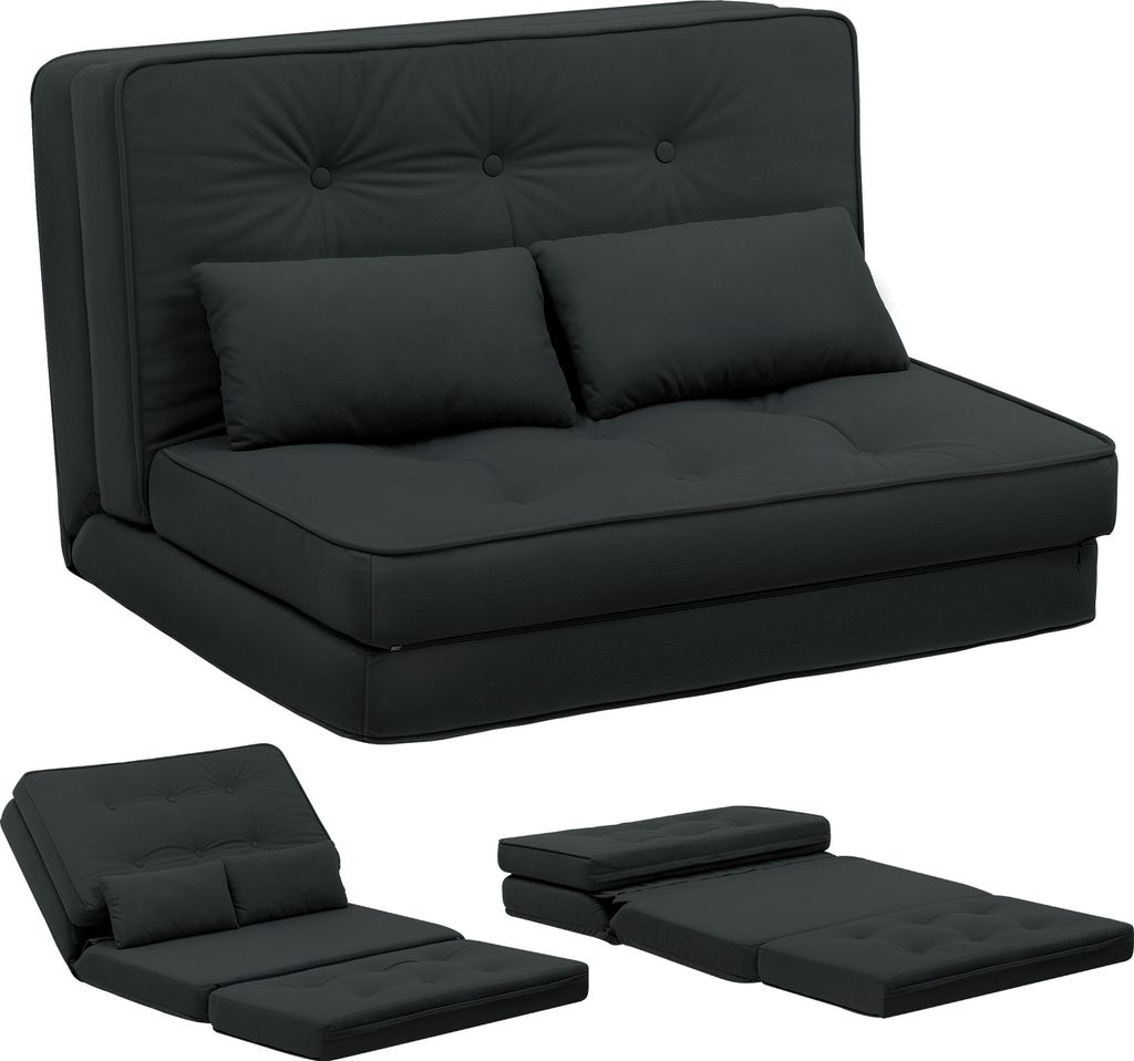 A black sofa bed shown in multiple configurations.