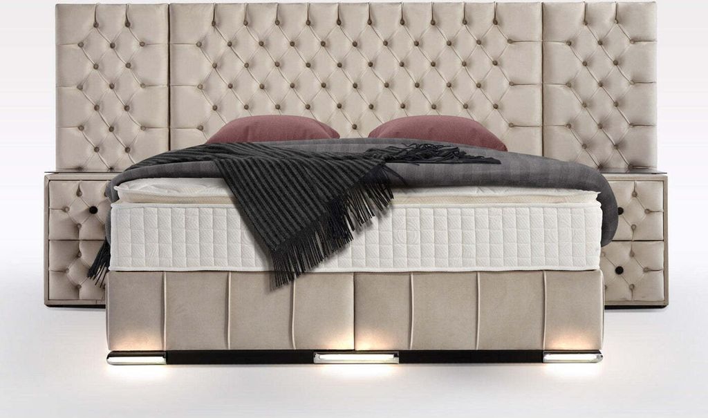 W. ROYAL Boxspringbett 180 x 200 cm Renella Designerbett mit Bettkasten LED-Füße XXL Kopfteil inkl. Topper & Matratze Komplet Set Beige Samt